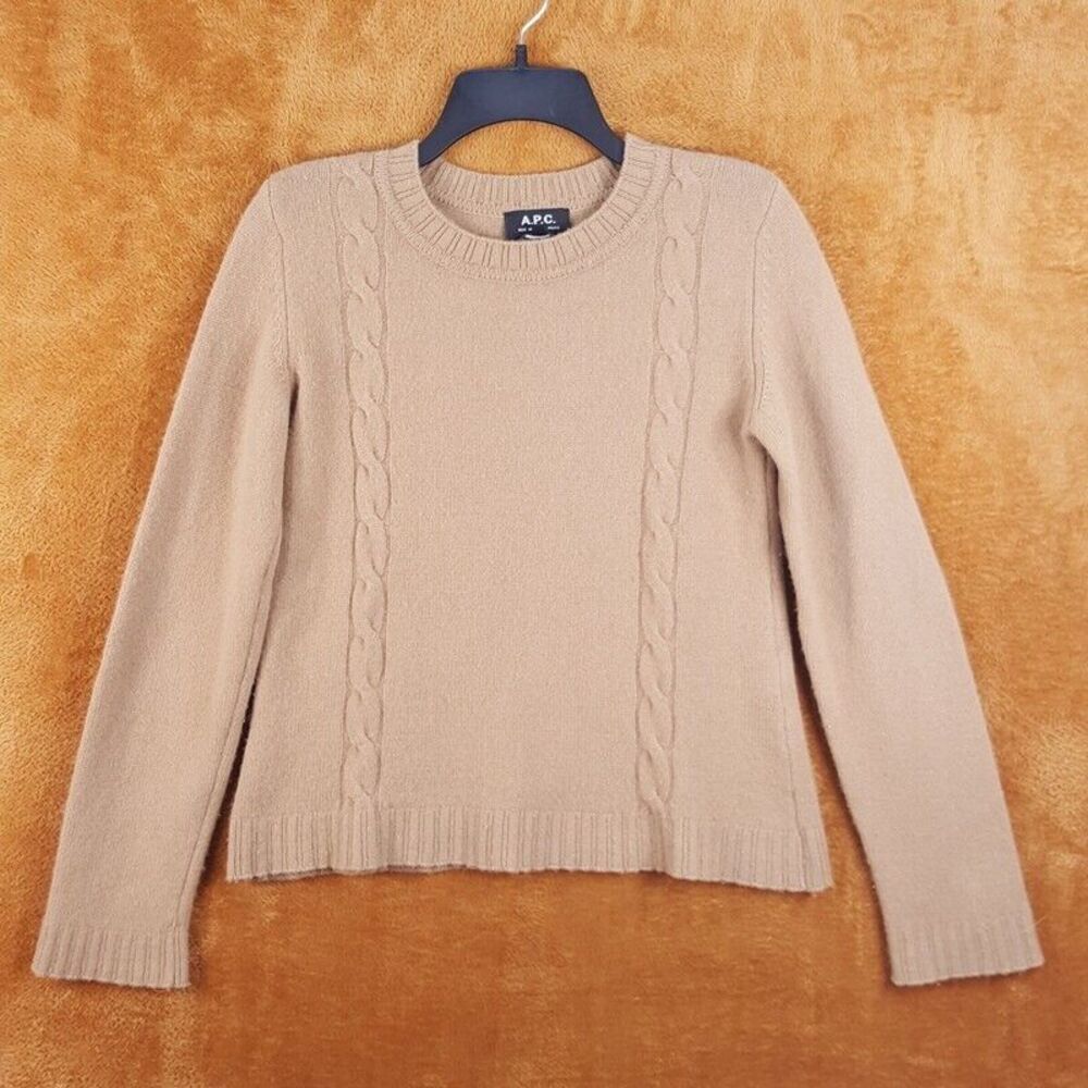 APC Womens Sweater XS Tan Pullover Crew Tight Cableknit Wool Cashmere Knit
